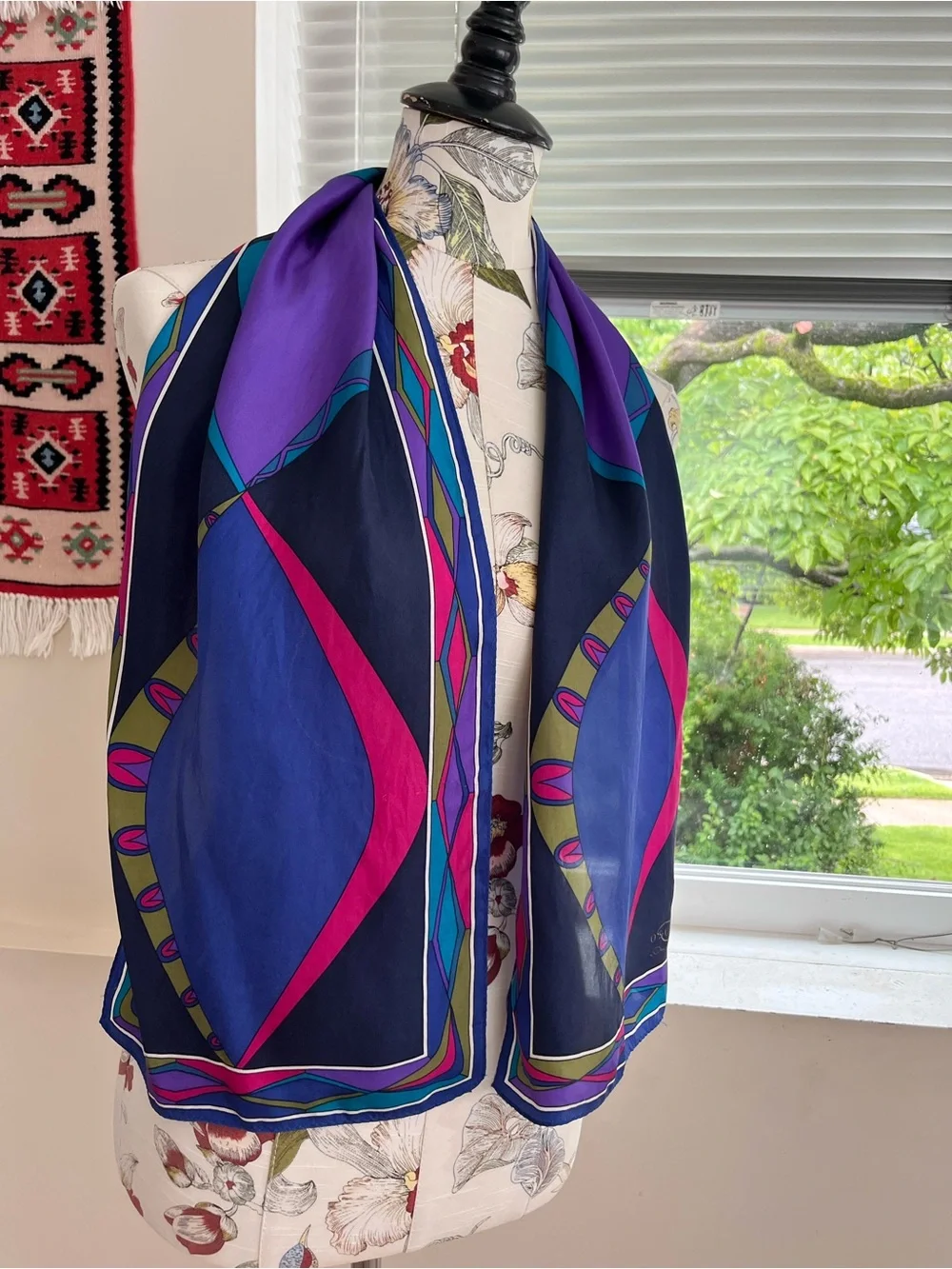Oscar de la Renta Navy, Purple & Magenta Geometric Silk Scarf
